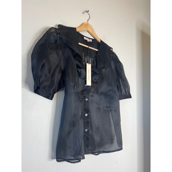 NWT Lingua Franca Sheer Ruffle Edges Short Sleeve Odette Top Black Size: Large - Picture 3 of 7